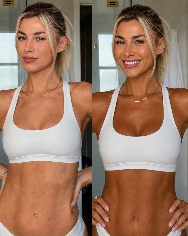 A side-by-side before and after comparison of a woman's midsection, showing a white sports bra on the left and a slimmed, tan-skinned body on the right.