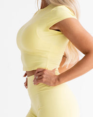 SoftSculpt Cap Sleeve Crop Tee in Lemon Drop Yellow, side view | MAKAI