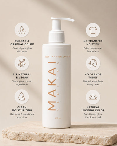 Makai Self-Tanning Lotion bottle with features listed on a beige background