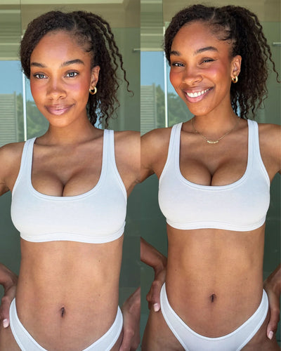 Before and after comparison of an African American woman after using self tanner wearing a white sports bra and underwear set.