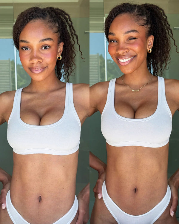 Before and after comparison of an African American woman after using self tanner wearing a white sports bra and underwear set.