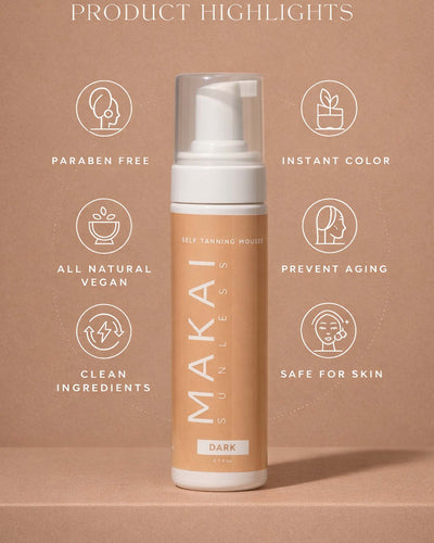 Makai Sunless tanning product with features listed on a brown background