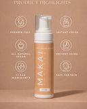 Makai Sunless tanning product with features listed on a brown background