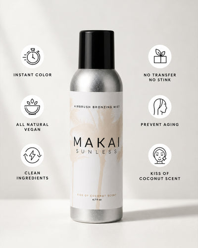 Makai Sunless airbrush bronzing mist bottle with features listed on a light gray background