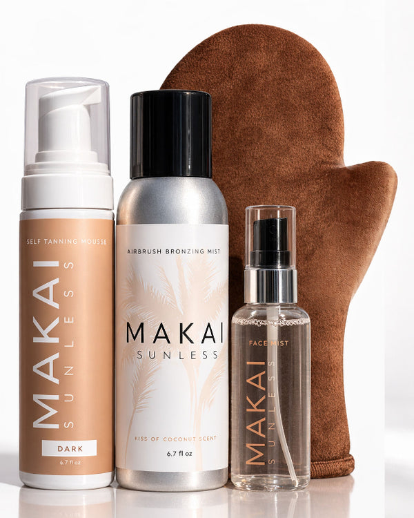 Makai Sunless tanning products including a mitt on a white background