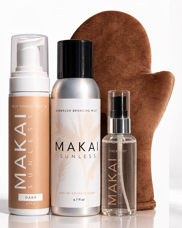 Makai Sunless tanning products including a mitt on a white background