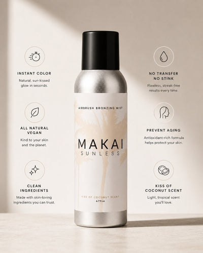 A bottle of MAKAI SUNLESS Airbrush Bronzing Mist in 'Kiss of Coconut Scent' is centered on a light beige background with stylized text callouts on both sides detailing its benefits. The bottle is metallic silver with a black cap and a cream-colored label featuring a subtle palm tree design.
