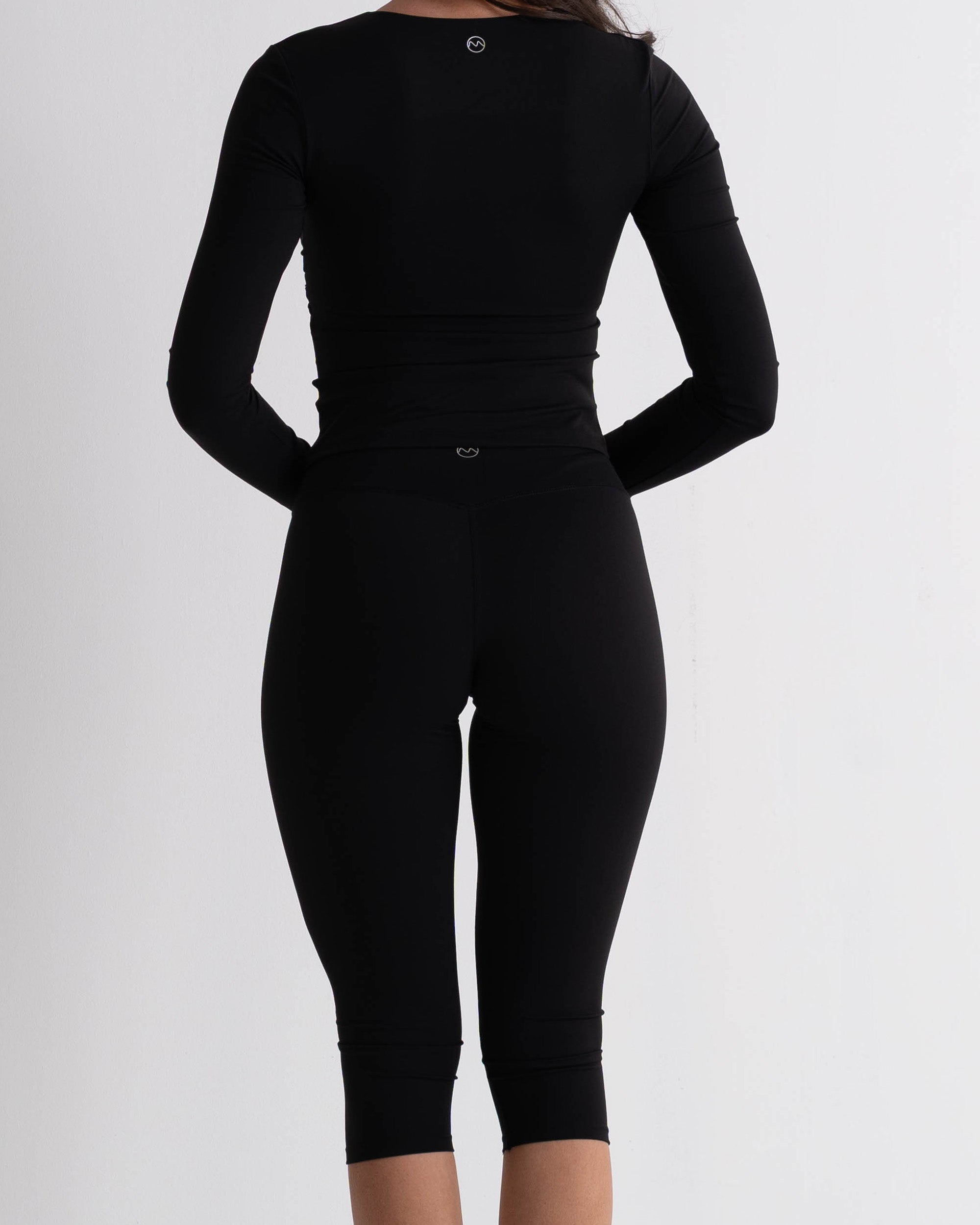 SoftSculpt Crossover Wrap Long Sleeve Top in Black, back view | MAKAI