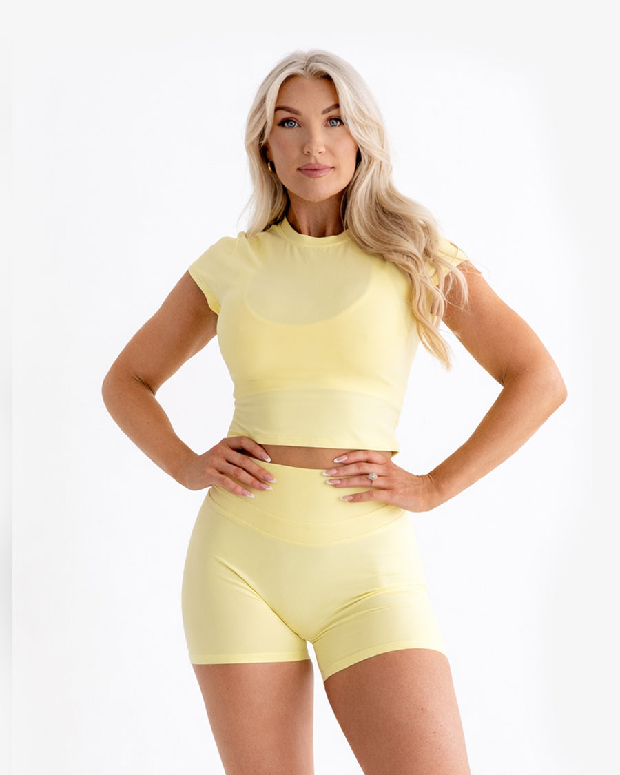 SoftSculpt Lift V-Seam Contour Short in Lemon Drop Yellow, front view | MAKAI
