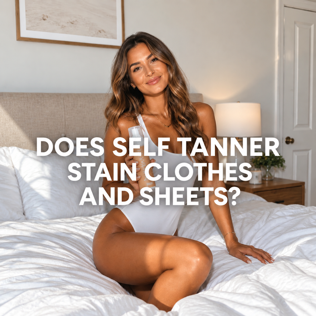 a tan woman on a bed holding a self tanning bottle with a texter overlay that says does self tanner stain clothes and sheets