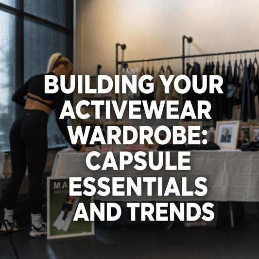 Activewear boutique display with clothing racks and a woman arranging apparel, with text reading “Building Your Activewear Wardrobe: Capsule Essentials and Trends.”