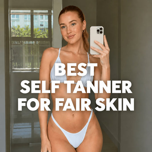 a fair skin woman taking a selfie after putting on self tanner that works for her skin tone