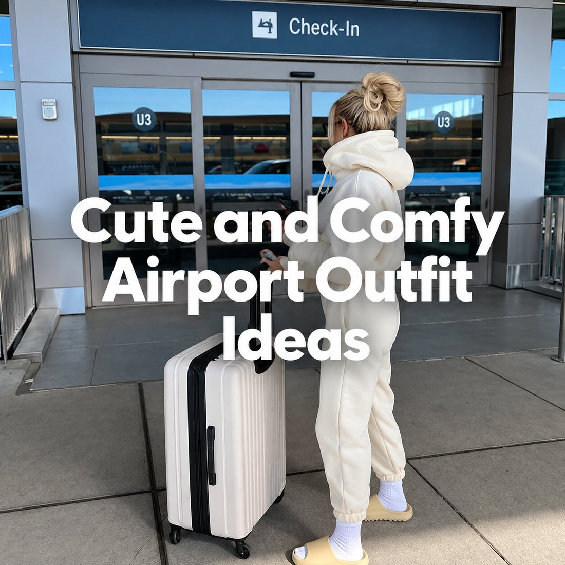 Photo of woman in a matching sweat set with suitcase at an airport