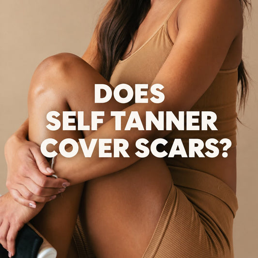 Woman wearing a neutral-toned outfit with tanned skin, accompanied by the text “Does Self Tanner Cover Scars?”