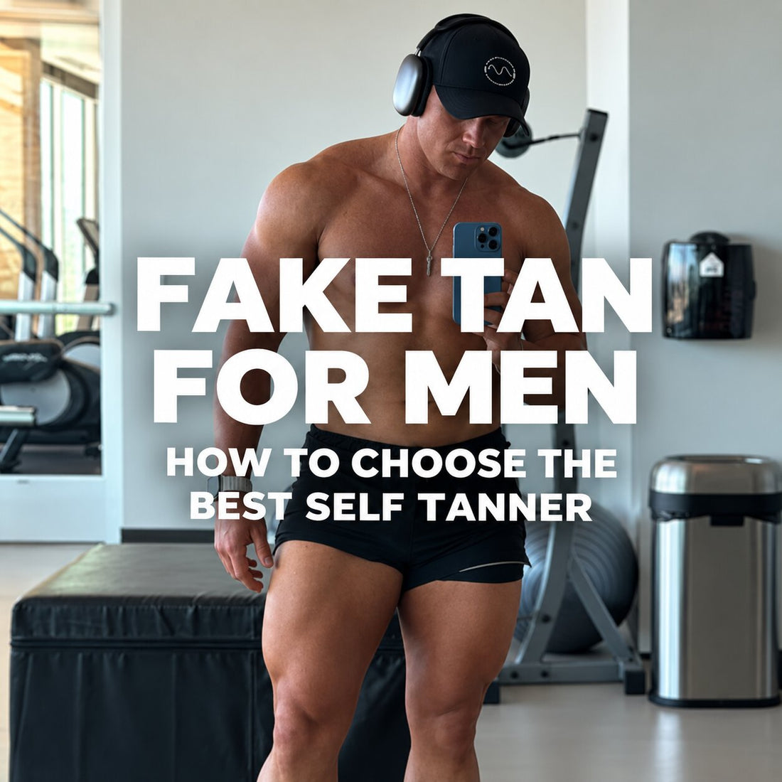 Muscular man taking a mirror selfie in a bright gym while wearing a black cap, headphones, and shorts, with text reading "FAKE TAN FOR MEN: HOW TO CHOOSE THE BEST SELF TANNER."