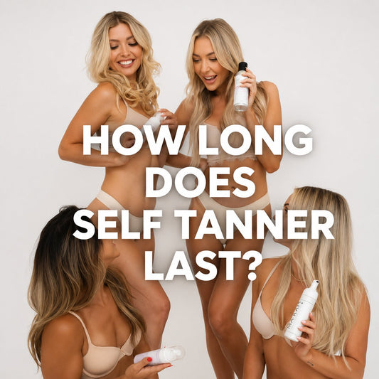 Four women holding self-tanning products with text reading “How Long Does Self Tanner Last?”