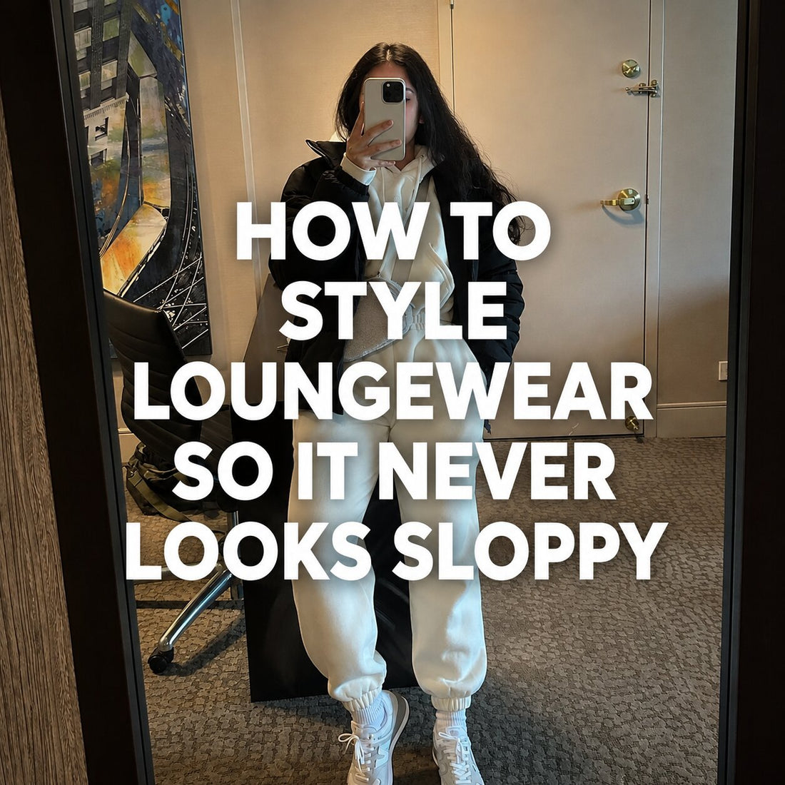 Woman wearing a white hoodie and matching joggers with a black puffer jacket and white sneakers, taking a mirror selfie while showcasing a polished loungewear outfit.
