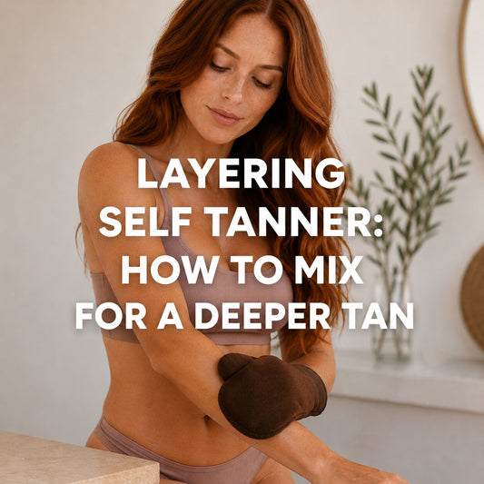 Red-haired woman layering MAKAI self-tanner with a brown tanning mitt while holding a brown bottle with a white cap.