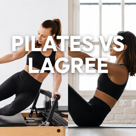 Two women in black activewear demonstrate Pilates and Lagree exercises side by side, with one using a reformer and the other performing a core exercise on a mat.