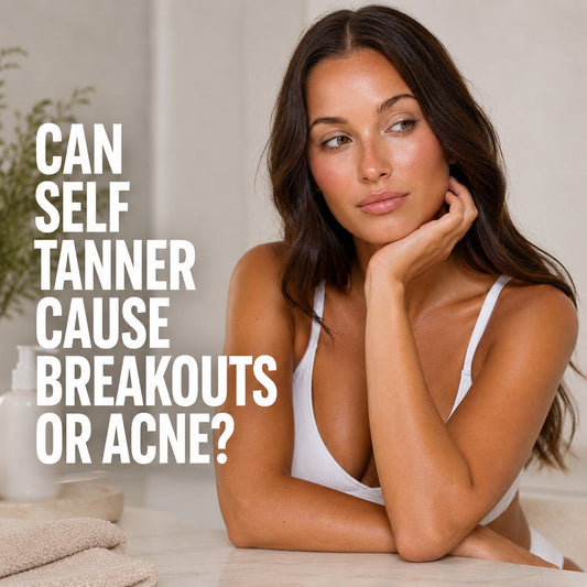 a young woman pondering with text overlaying the image that says can self tanner cause breakouts