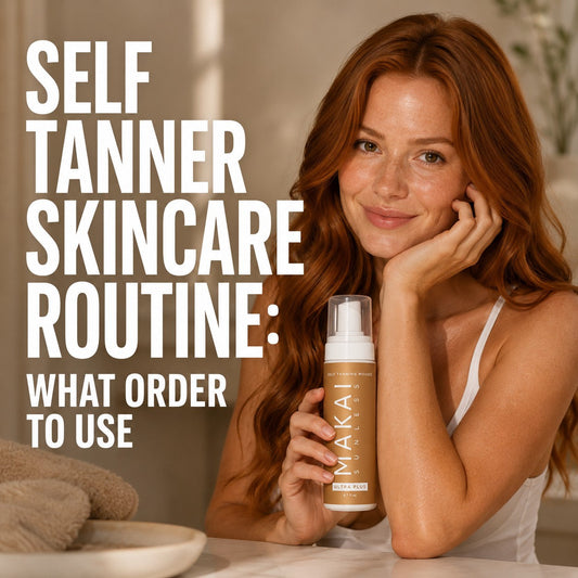 a red head with fair skin that has been tanned preparing to use self tanner in her skincare routine