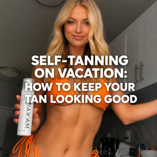Blonde woman in an orange bikini holding self-tanner on vacation, with text reading “Self-Tanning on Vacation: How to Keep Your Tan Looking Good.”