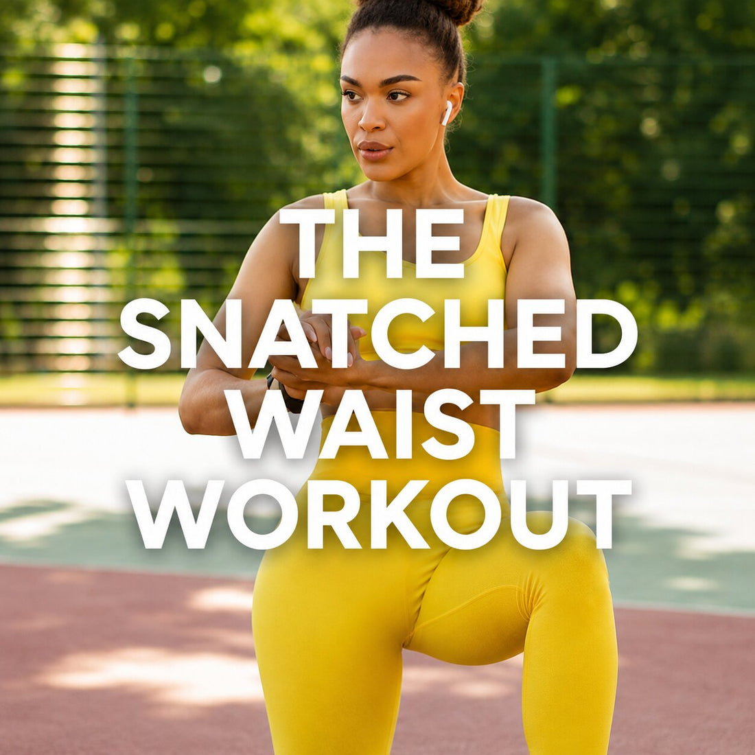 Woman in yellow activewear doing a workout outdoors, with text reading “The Snatched Waist Workout.”