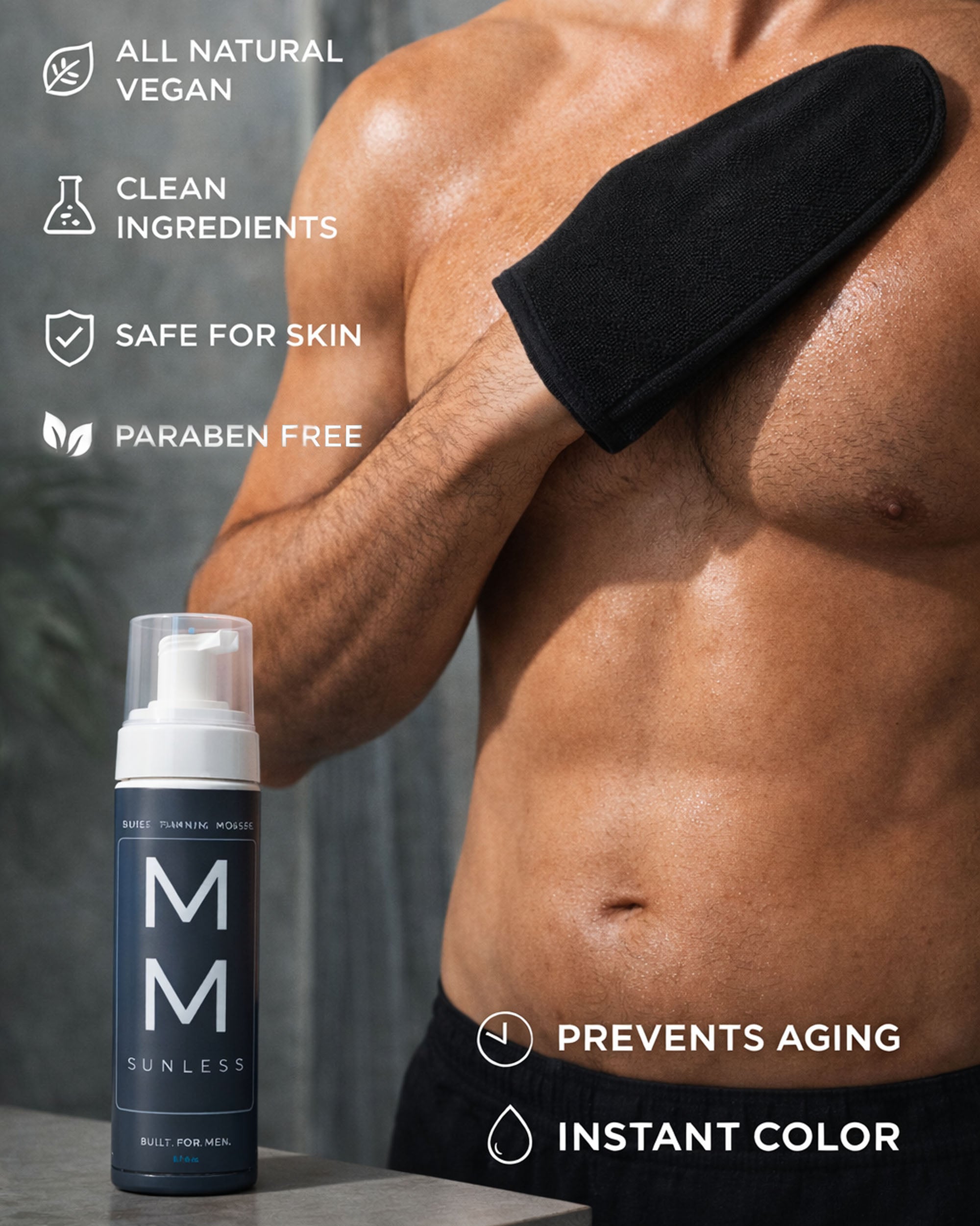 Man applying sunless tanner to his arm with product and benefits listed.