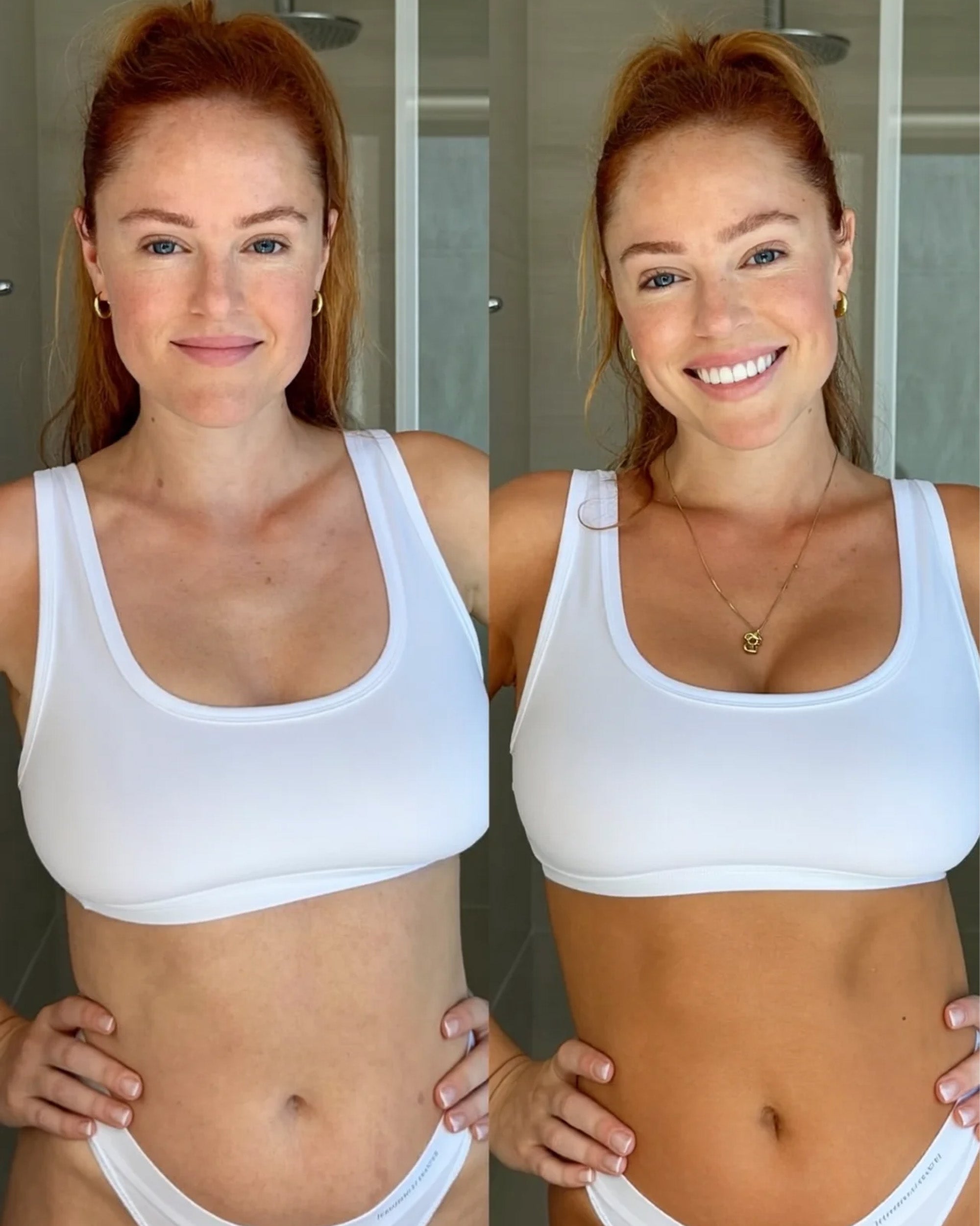 Side-by-side comparison of a woman wearing a white sports bra and panties indoors. she is fair skin with medium self tanner by makai sunless