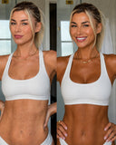 A side-by-side before and after comparison of a woman's midsection, showing a white sports bra on the left and a slimmed, tan-skinned body on the right.