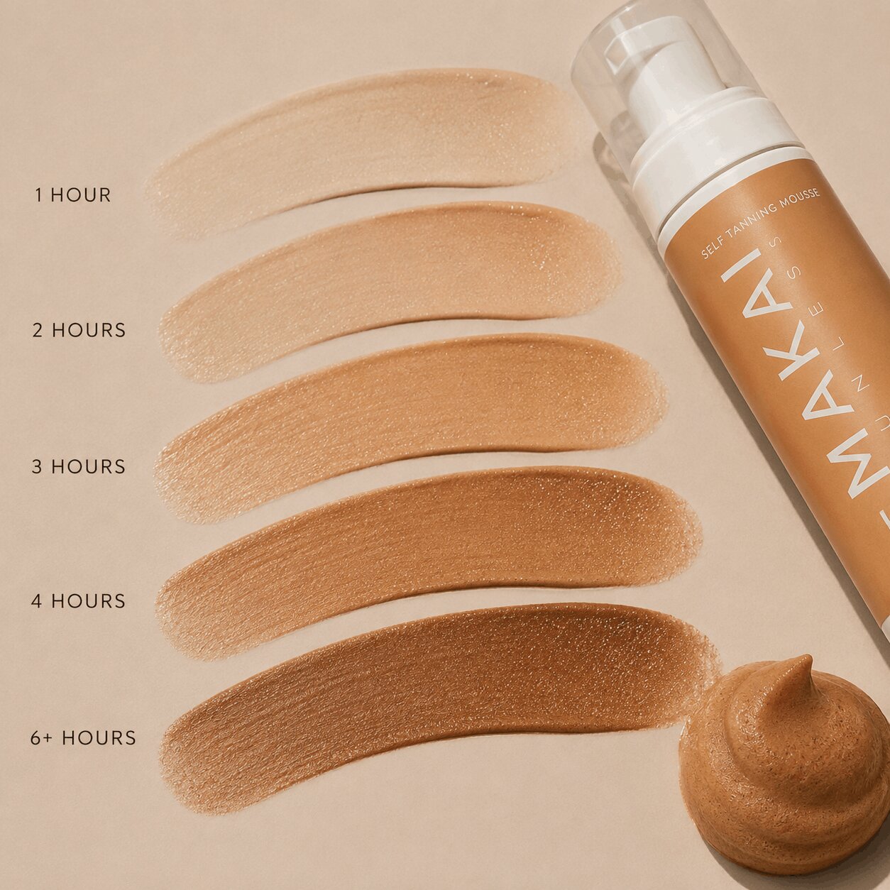 MAKAI self tanning product with swatches showing color change over time on a beige background