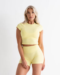 SoftSculpt Cap Sleeve Crop Tee in Lemon Drop Yellow, front view | MAKAI