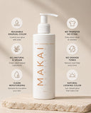 Makai Self-Tanning Lotion bottle with features listed on a beige background