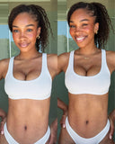 Before and after comparison of an African American  woman after using self tanner wearing a white sports bra and underwear set.