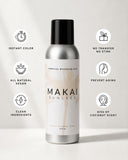 Makai Sunless airbrush bronzing mist bottle with features listed on a light gray background